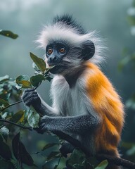 Obraz premium an orange, white and gray colobus monkey sitting on a tree branch, eating leaves, in the forest, cinematic photo, moody lighting.