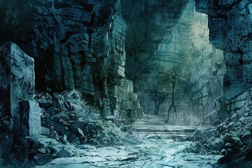 Mysterious stone ruins overgrown with moss in the middle of a dense forest