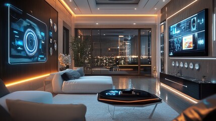 Stylish modern living room with integrated smart technology, illuminated cityscape background. Smart home concept of futuristic home design and urban lifestyle