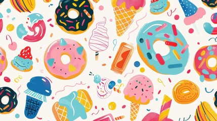 A delightful arrangement of colorful desserts showcasing various ice cream cones, donuts, and candy