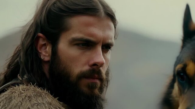 The intensity in the eyes of an Irish warrior as he poses with his fierce wolfhound companion.