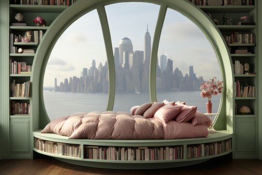 Cozy reading nook with a city view. Soft pink bedding and built-in bookshelves create a perfect retreat for relaxation and reading. Ideal for unwinding or indulging in a readathon
