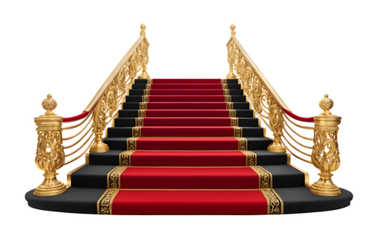 grand red carpet staircase with gold railings isolated on transparent background