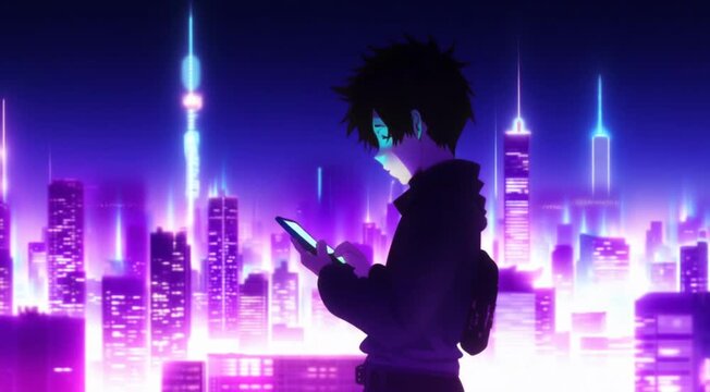 2D animation, anime boy looks at his mobile on top of a building. Purple fantasy city in the background. City Lights. 
