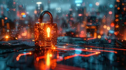 Circuit Board Lock in a Cityscape of Lights