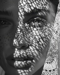 Obraz premium Close-up of a Woman's Face with Lace Shadow