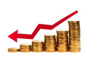 Red down arrow with piles of gold coins isolated on transparent background