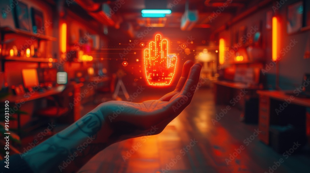 Canvas Prints A glowing digital hand hovering above an outstretched hand. AI.