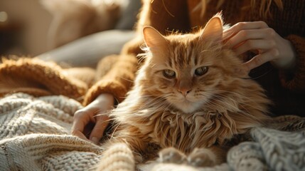 A fluffy cat being petted by a hand. AI.