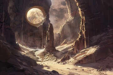Mysterious moonlit cavern with ancient ruins