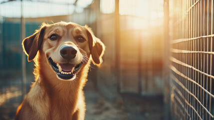 happy dog in front of shelter cage in sunset or sunlight.Concept of animal adoption and rescue.Place for text
