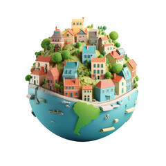 Obraz premium A colorful village nestled on a green hilltop on a blue sphere.