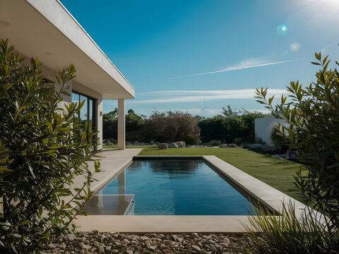 Casa contemporánea con un elegante diseño minimalista que presenta una pequeña piscina rectangular 
