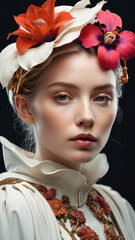 Intricate Ominous Floral Masterpiece of a beautiful white woman connected with nature, flowers style, beautiful flowers meet stunning woman, mother earth, fairy queen, beauty concept, natural cosmetic