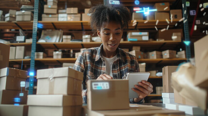 Business Owner Smiling at Tablet with Holographic Interface
