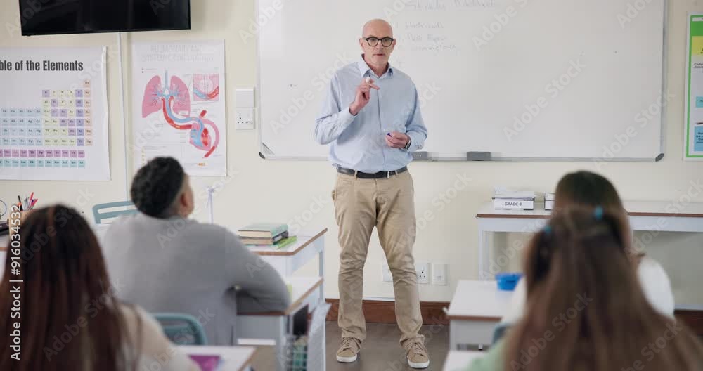 Poster teacher, man and students for education in classroom with biology knowledge, lecture or guidance. le