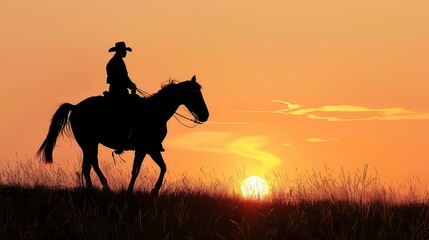 A lone cowboy rides his horse through tall grass as the sun sets in the distance, casting a golden glow over the scene.