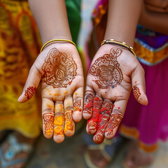 Close-up of Hands with Intricate Henna Designs and Colorful Powder.