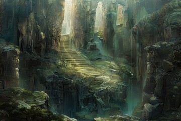 Naklejka premium Ancient overgrown temple ruins in a jungle with a long staircase leading up to a mysterious glowing light