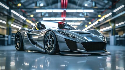 A sleek, silver sports car is showcased in a modern industrial setting, its curves and details highlighted by the bright lights above.