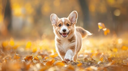 Fototapeta premium A corgi puppy runs through a forest in autumn, surrounded by golden leaves and a blurred background.