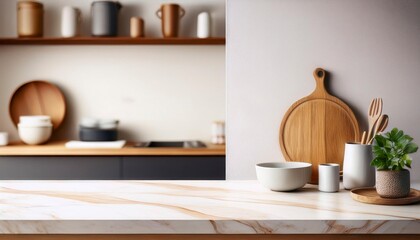 Empty Marble tabletop in kitchen with copy space. Generated image