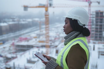 A female construction worker in a hard hat and safety vest checks her phone on a snowy site.