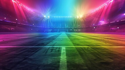 An empty sports field at night, illuminated by colorful spotlights. The field is green and marked with white lines, while the stands are dark and mostly empty.