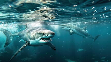 A Great White Shark Swimming Underwater with a School of Fish