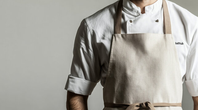 Close up of a beige colored apron kitchen uniform on a man's torso, mockup template