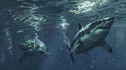Fototapeta premium Two Great White Sharks Swimming Underwater