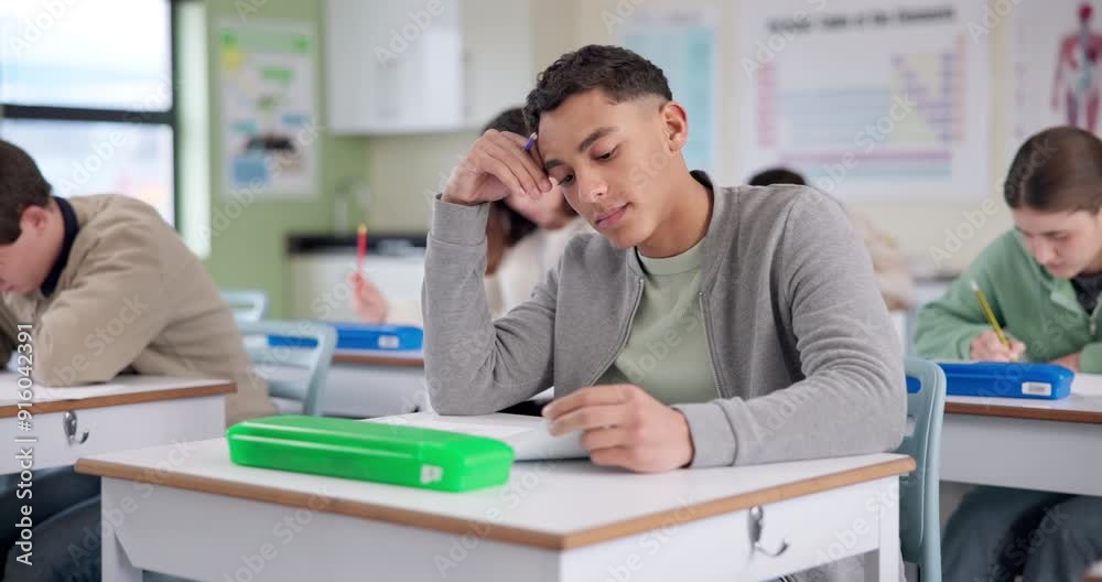 Poster boy, stress and writing test in classroom with thinking, remember and confused by question in paper.