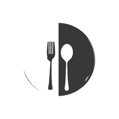 Black and White Illustration of a Fork and Spoon on a Plate