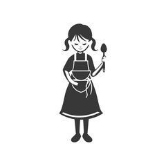 Black and White Illustration of a Girl Wearing an Apron and Holding a Spoon
