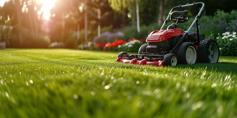 A red lawnmower cutting green grass in a sunny yard.