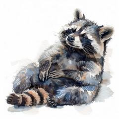 Obraz premium Cute raccoon sleeping peacefully on its back, depicted in a soft watercolor illustration style on a clean white background.