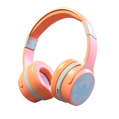 A pair of peach colored wireless headphones with a white band on a transparent background.