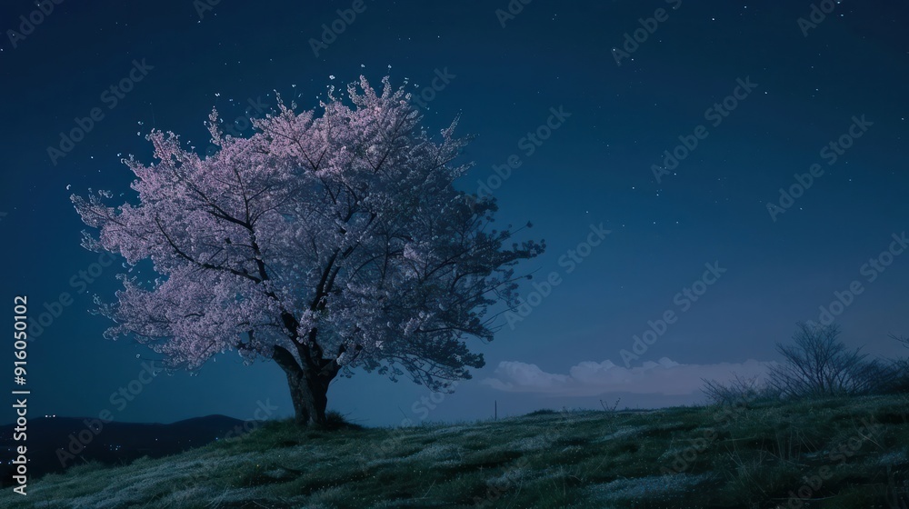 Sticker cherry tree in full bloom on the hill in the night