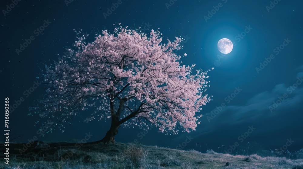 Sticker cherry tree in full bloom on the hill in the night