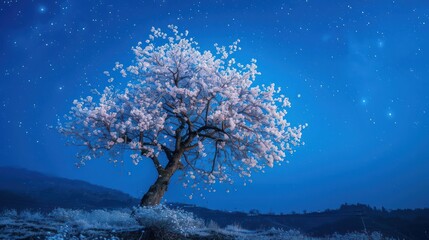 cherry tree in full bloom on the hill in the night