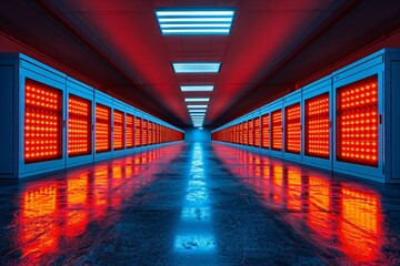 Dark room with glowing red and blue server racks, reflective surfaces, ghostly glow, angled perspective, depth, intrigue. Technology concept, data center, futuristic design.