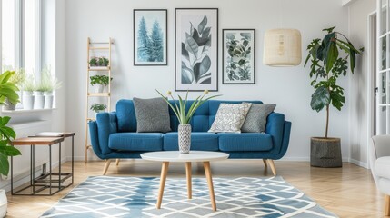 Chic living room with a white coffee table, blue couch, plant, and Scandinavian ladder