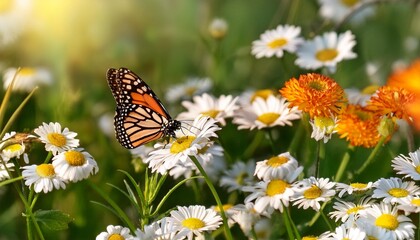 a beautiful monarch butterfly pollinates a daisy in a field of flowers