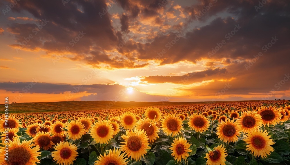 Wall mural sunflowers at sunset against dramatic sky