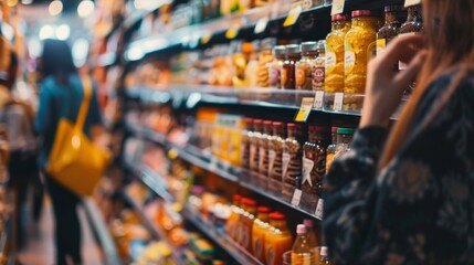Fototapeta premium Blurry supermarket aisle with shoppers and products
