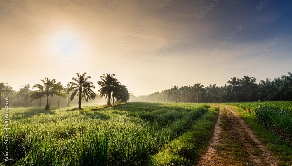 Poster morning scenery of palm oil plantation in the morning