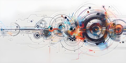
Abstract futuristic technical drawing with gears and colorful line vector illustration on a white background.