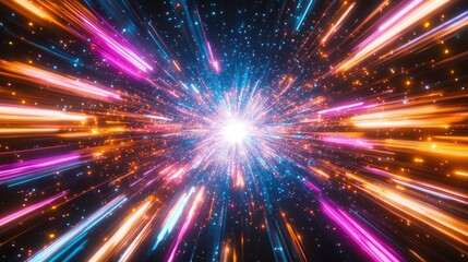 Abstract neon light rays in a starburst, galaxy explosion on black, creating a vibrant cosmic visual