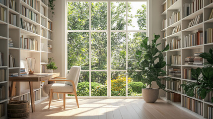 Zoom Background A bright and airy library white bookshelves with many books. large window overlooking a lush garden.