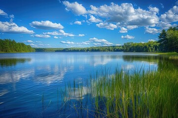 Fototapeta premium Tranquil Lake Scene with Lush Green Grass and a Blue Sky